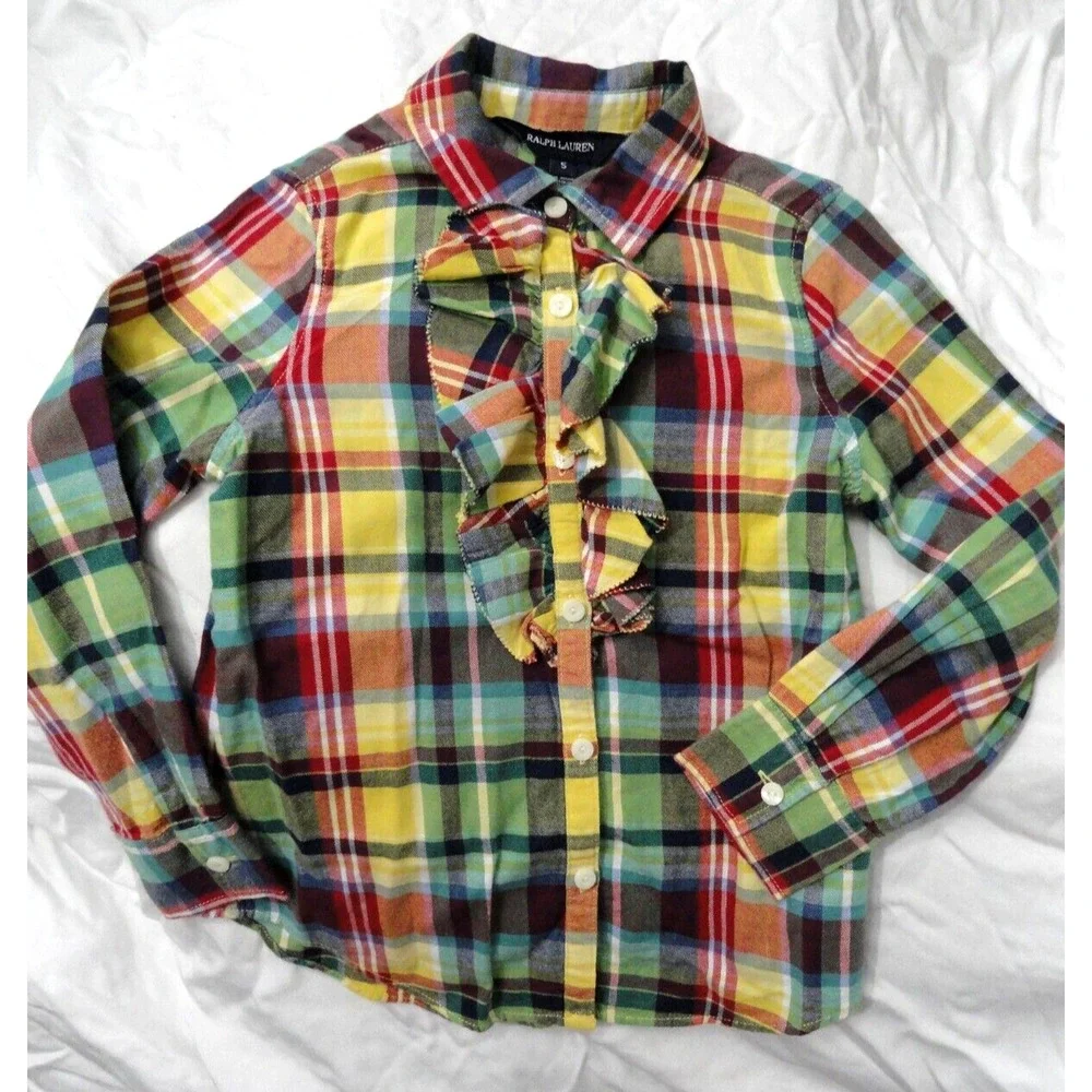 Ralph Lauren Button Up Long Sleeve Shirt Girls Size 5 Yellow Blue Plaid Ruffles